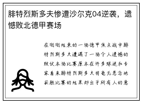 腓特烈斯多夫惨遭沙尔克04逆袭，遗憾败北德甲赛场